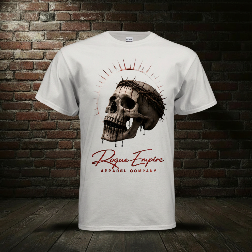 Ice Grey Skull Drip Tee in the standard Rogue Empire boutique background