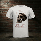 Ice Grey Skull Drip Tee in the standard Rogue Empire boutique background