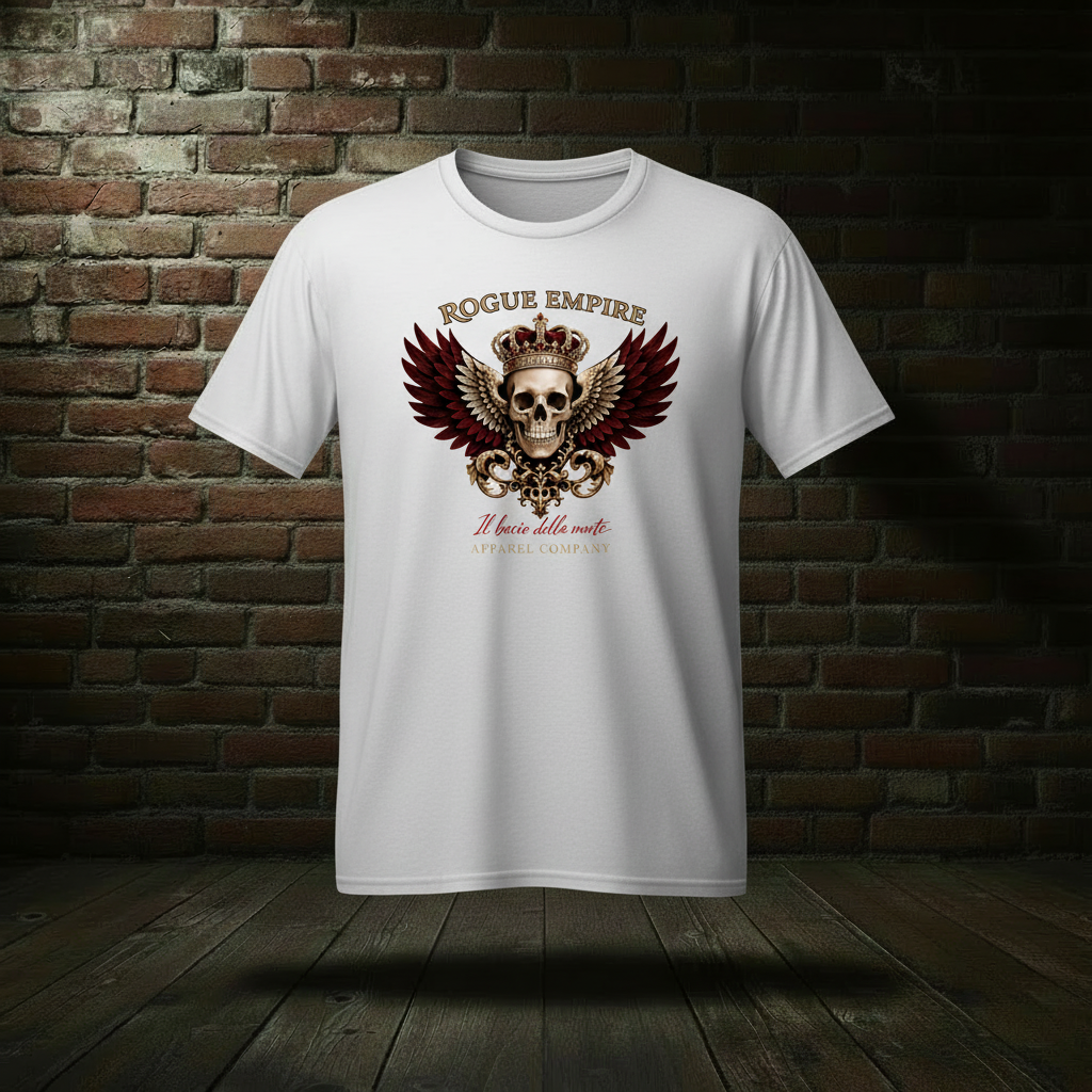 Il Bacio Della Morte Tee in White on a ghost form against a dark brick wall and wood floor