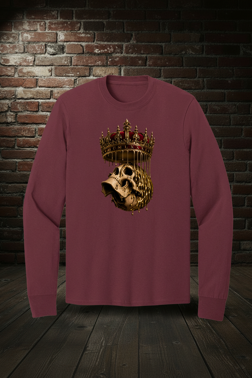 Royal Drip Tee long sleeve in Athletic Maroon with Rogue Empire boutique background