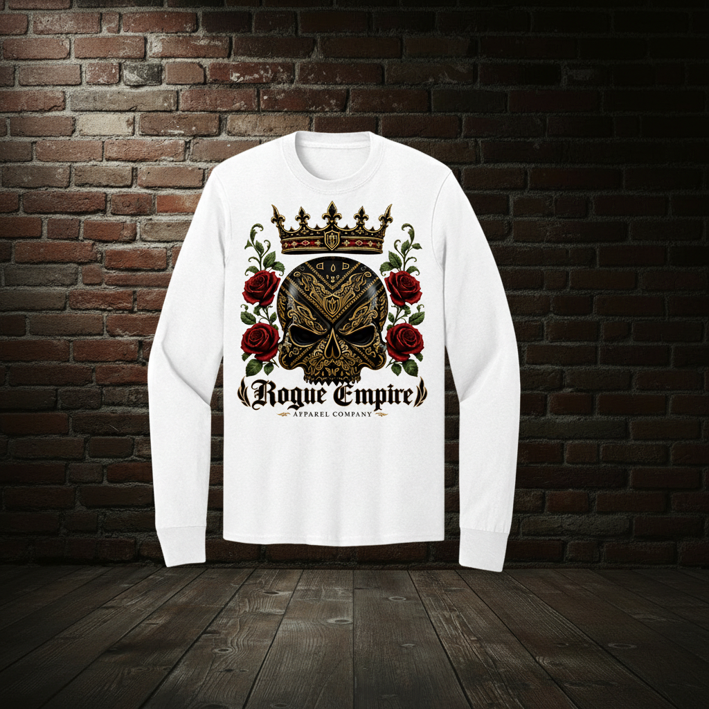 Sovereign Rose long-sleeve tee in White with the Empire Globe Crest Bomber boutique background