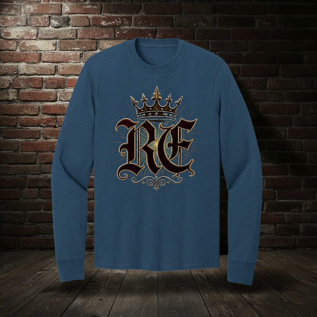RE Crown long-sleeve tee in Navy with boutique background