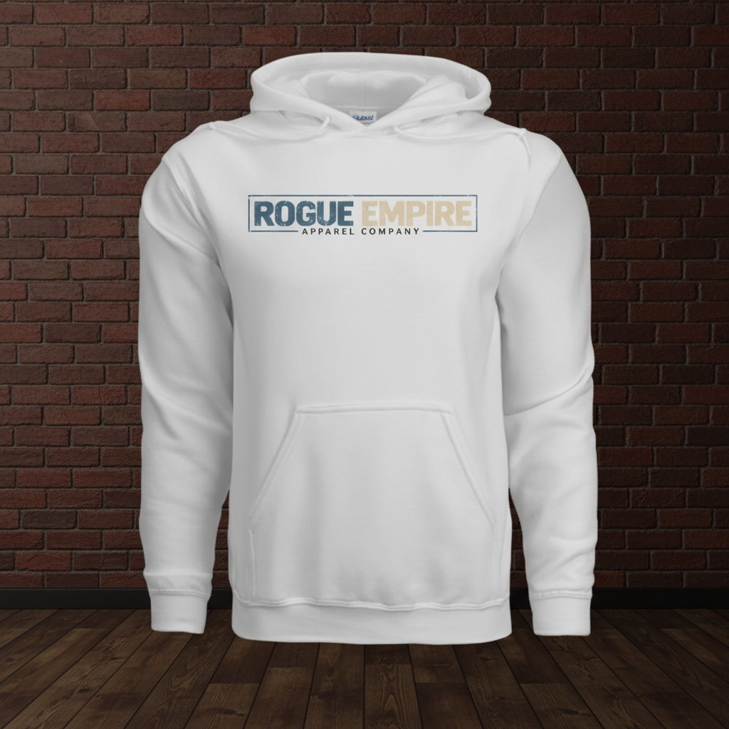 Manifest Hoodie Series II White boxed Rogue Empire logo on dark red brick and wood floor background