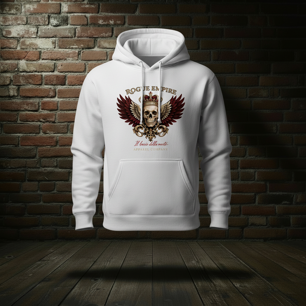 Il Bacio Della Morte Hoodie in White on a ghost form against a dark brick wall and wood floor