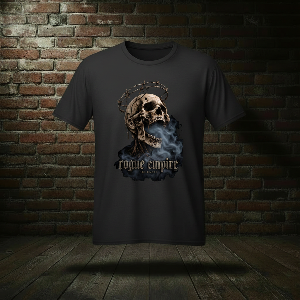 Eternal Scream Tee in Jet Black on a ghost form against a dark brick wall and wood floor