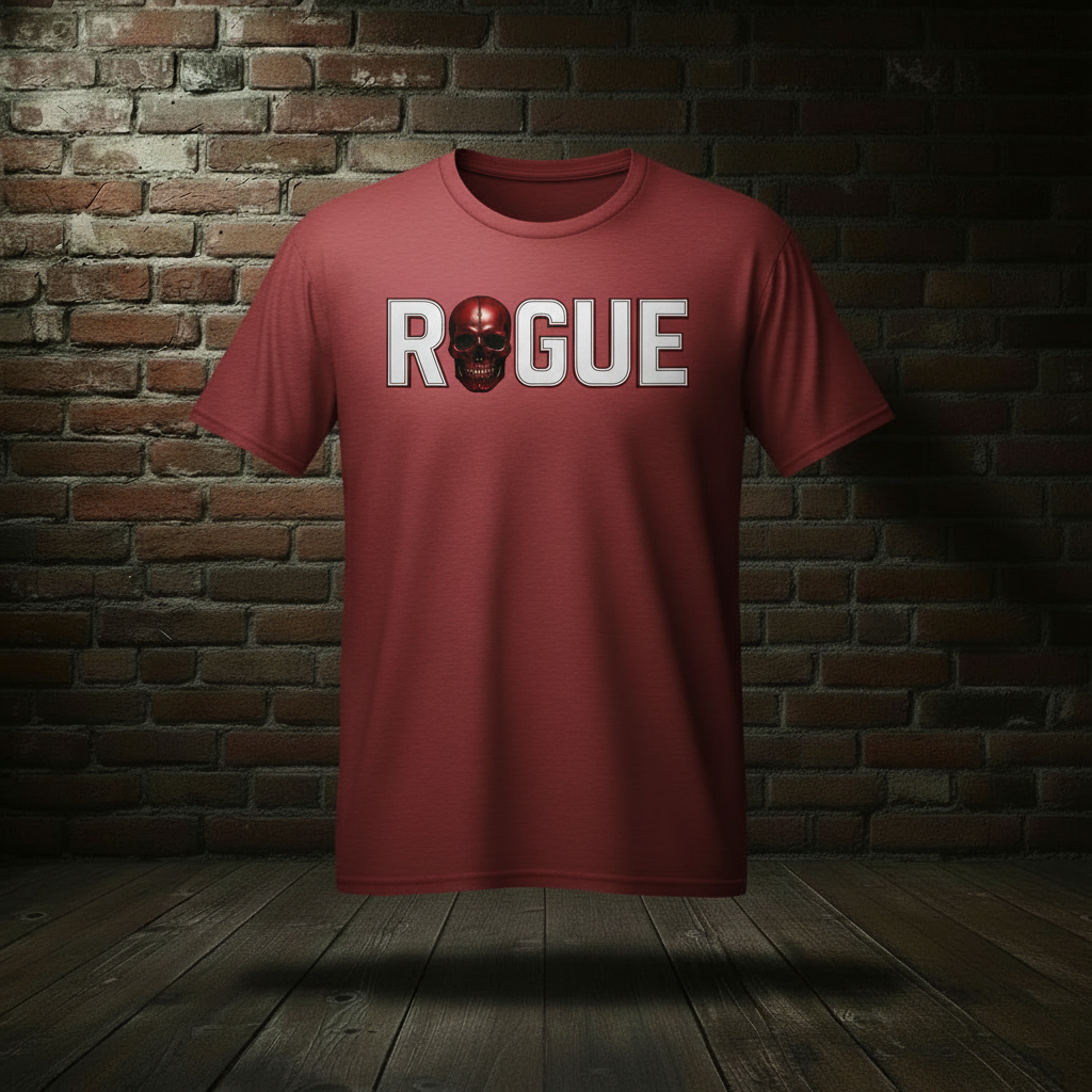 Eternal Rogue Tee in Vintage Red on a ghost form against a dark brick wall and wood floor