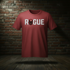 Eternal Rogue Tee in Vintage Red on a ghost form against a dark brick wall and wood floor
