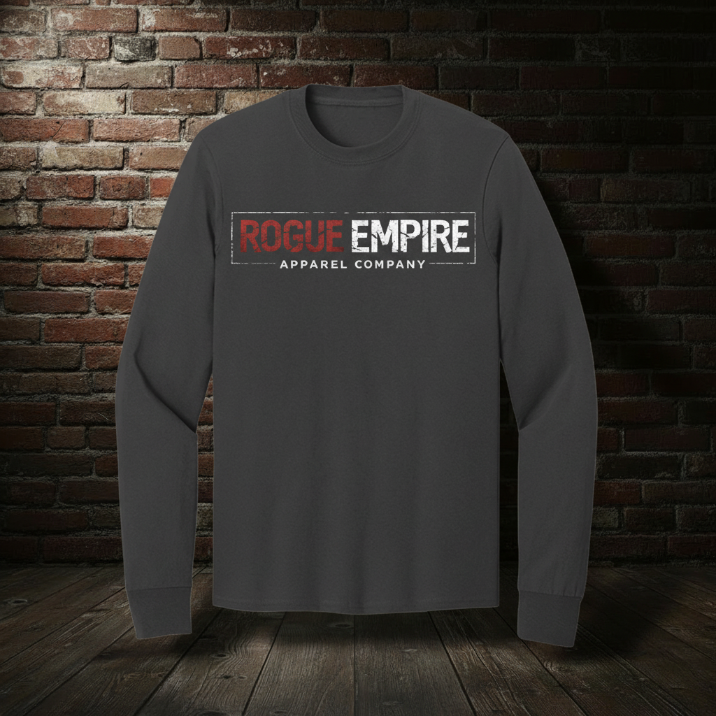 Rogue Empire Manifest Destiny long sleeve tee in Jet Black with boutique brick-wall background