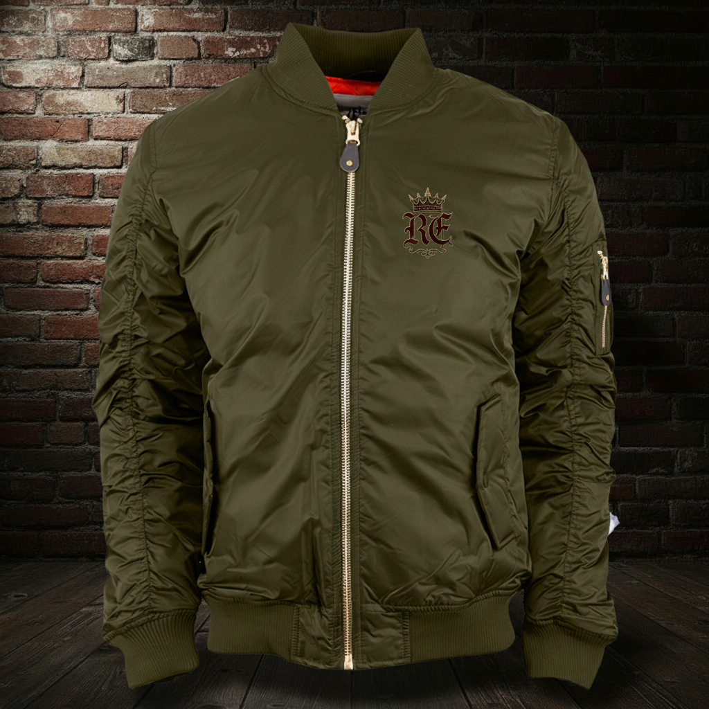 Olive Sovereign Roses Emblem Bomber on the Immortal Scream brick-wall and wood-floor background