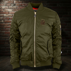Olive Sovereign Roses Emblem Bomber on the Immortal Scream brick-wall and wood-floor background