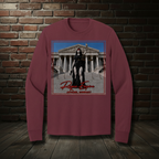 Scales of Just Us long-sleeve tee in Athletic Maroon with the Empire Globe Crest Bomber boutique background