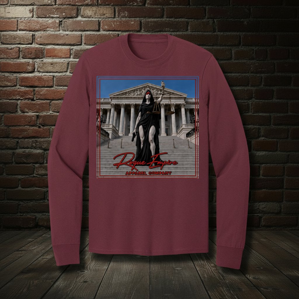 Scales of Just Us long-sleeve tee in Athletic Maroon with the Empire Globe Crest Bomber boutique background