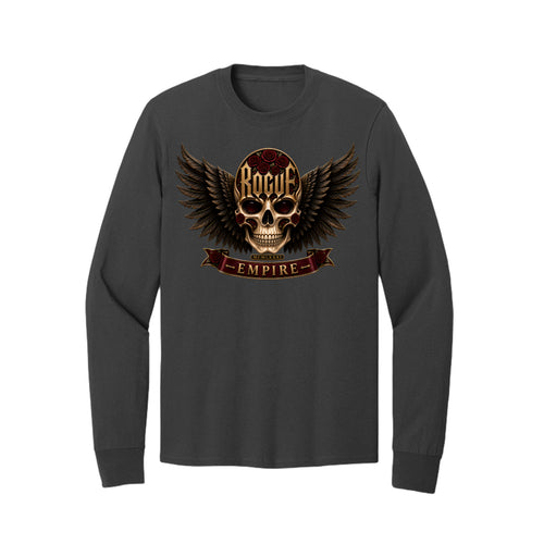 Rogue Empire Winged Skull Crest Long-Sleeve Tee in Charcoal with oxblood and gilded winged skull crest artwork.